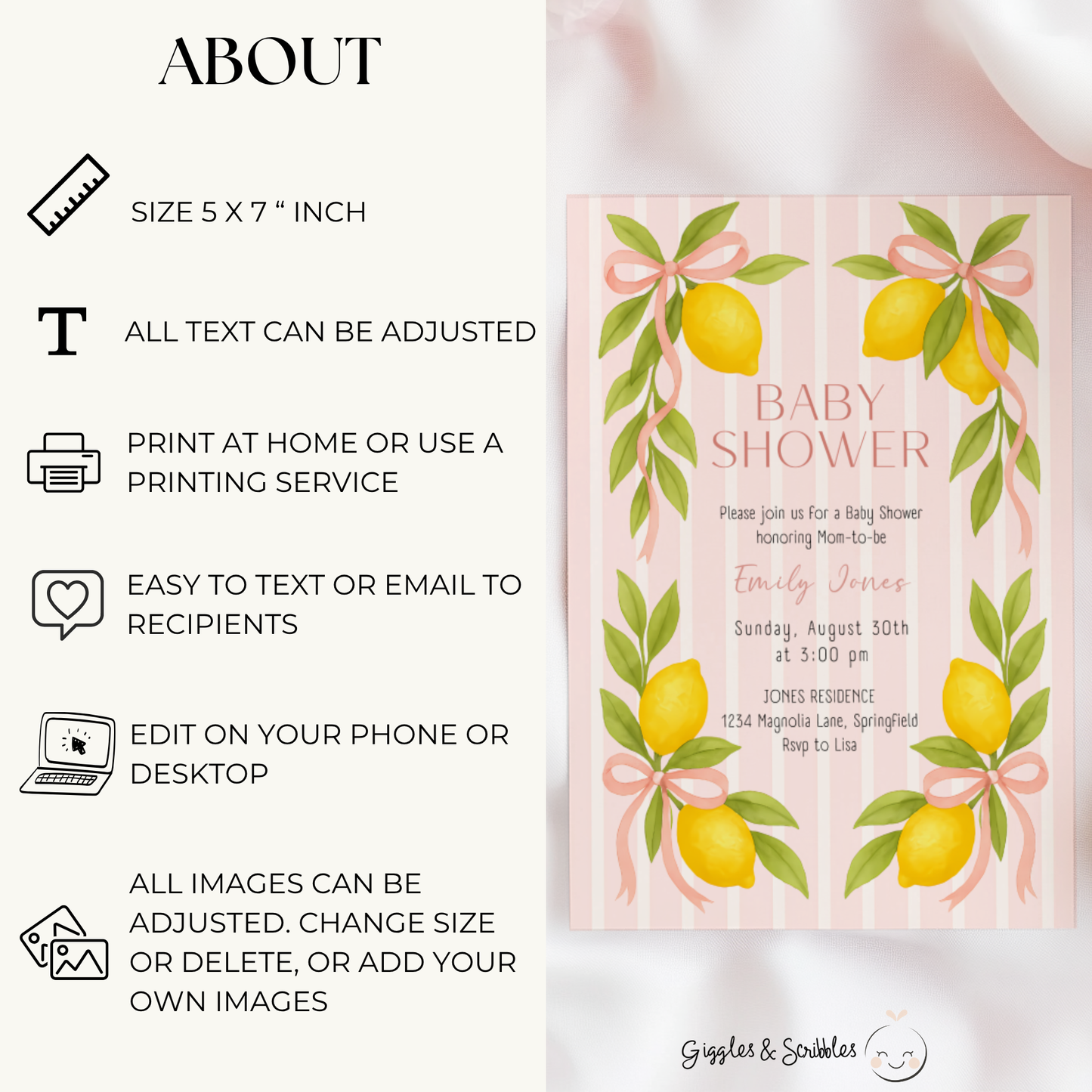 Baby Shower Invitation - Pink Lemon & Bows Ciao Baby Girl BS173