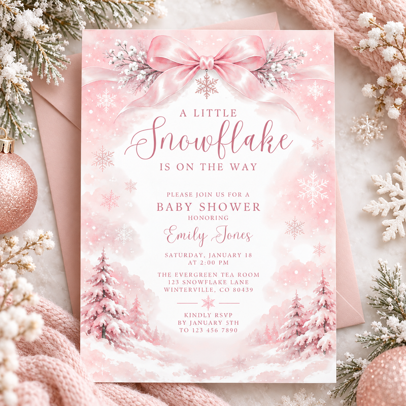 Pink Snowflake Baby Shower Invitation BS337