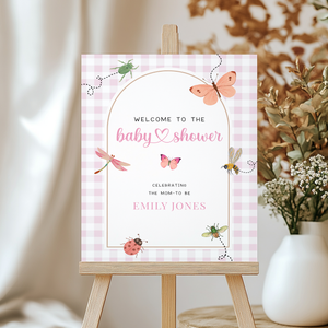 Pink Gingham Love Bug Baby Shower Welcome Sign BS277