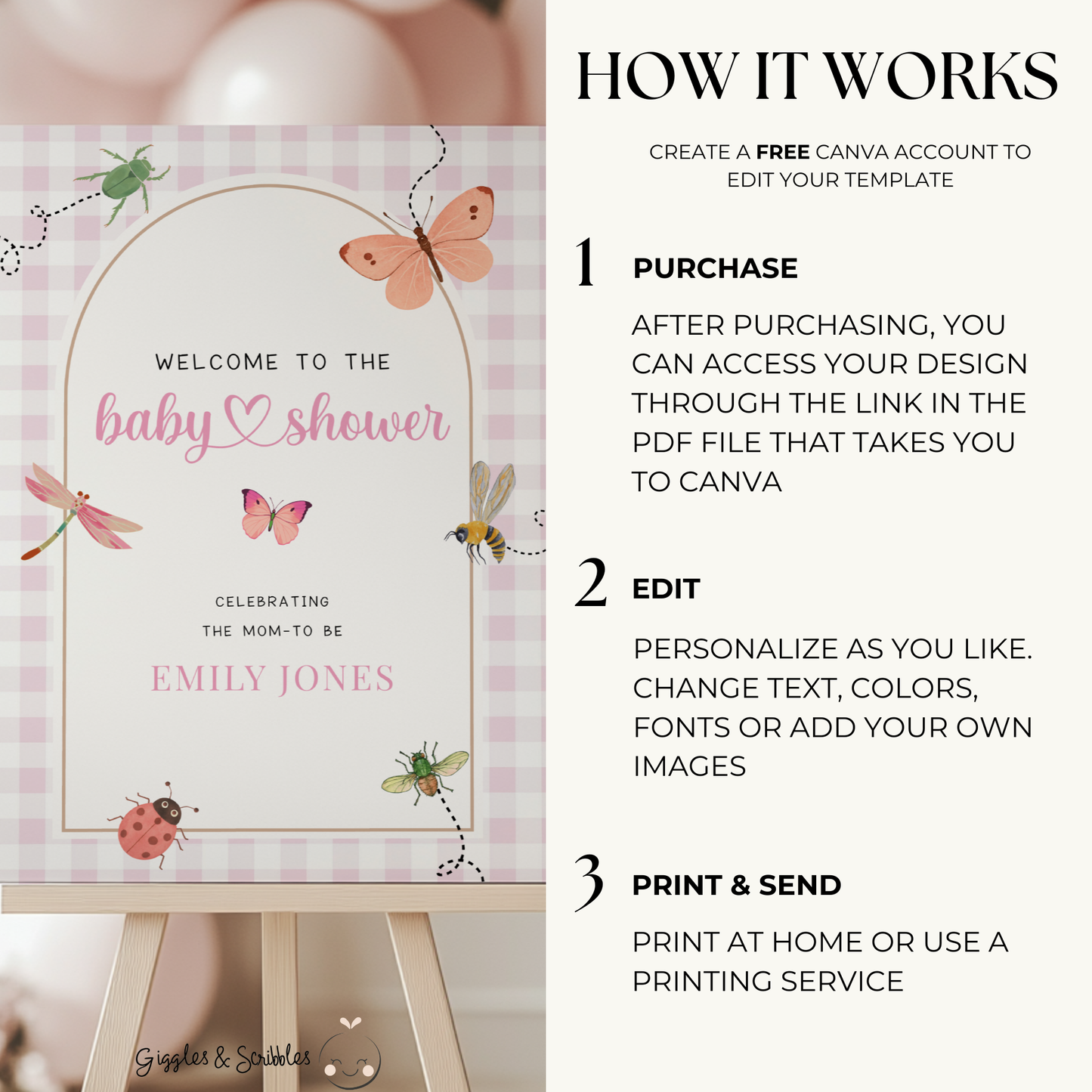 Pink Gingham Love Bug Baby Shower Welcome Sign BS277