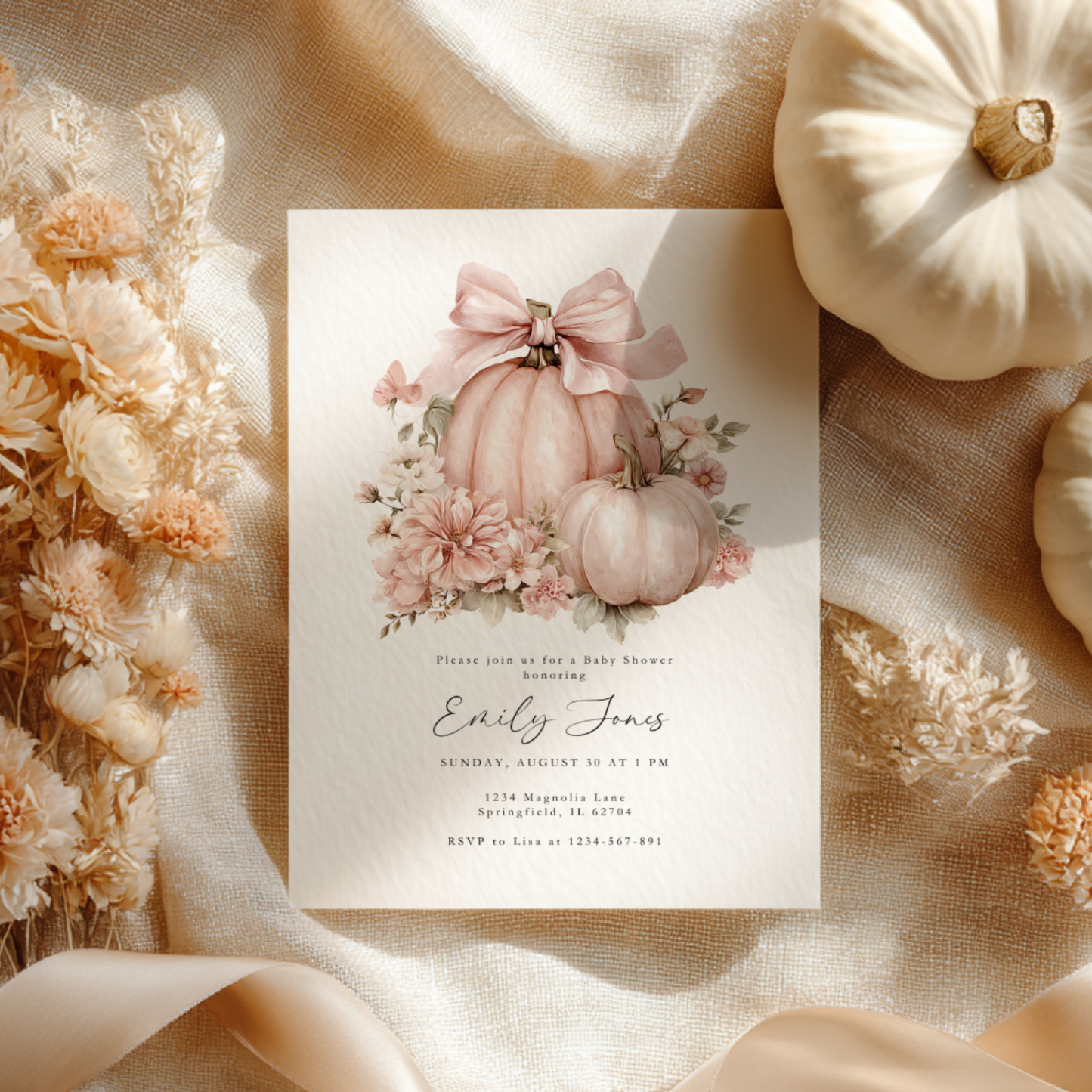 Baby Shower Invitation - Pink Bow Little Pumpkin BS233