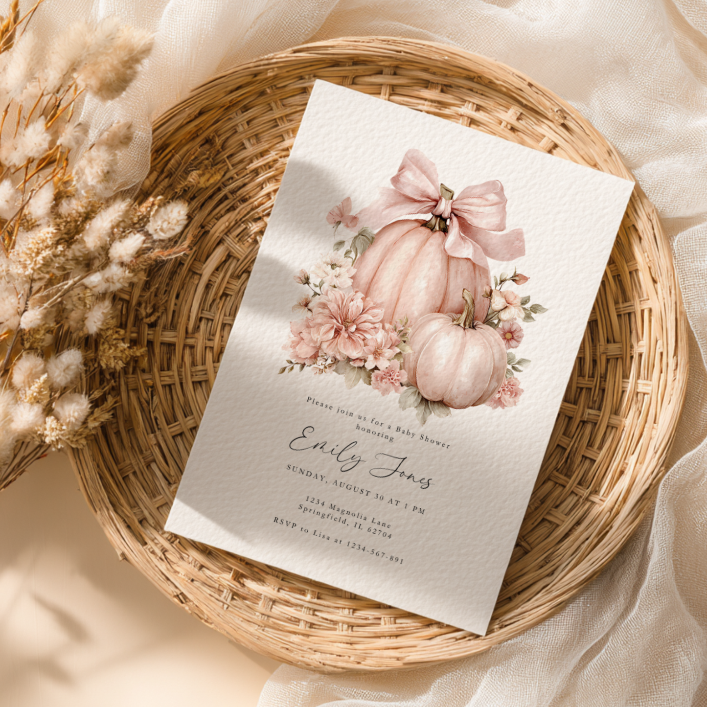 Baby Shower Invitation - Pink Bow Little Pumpkin BS233