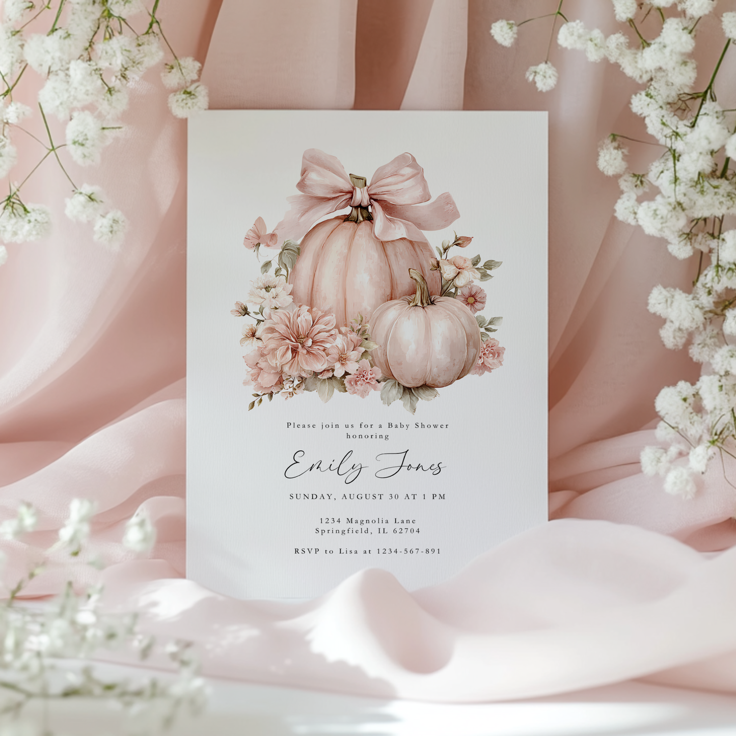 Baby Shower Invitation - Pink Bow Little Pumpkin BS233