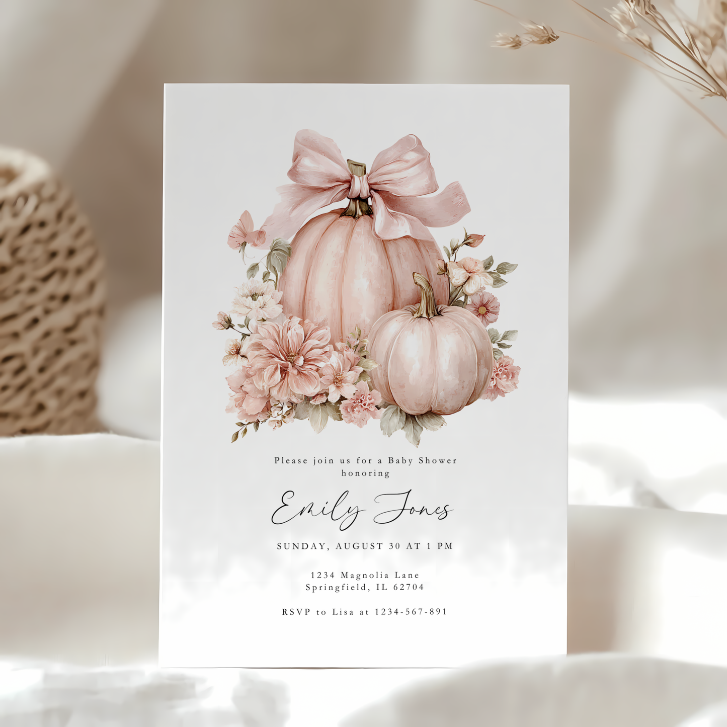 Baby Shower Invitation - Pink Bow Little Pumpkin BS233