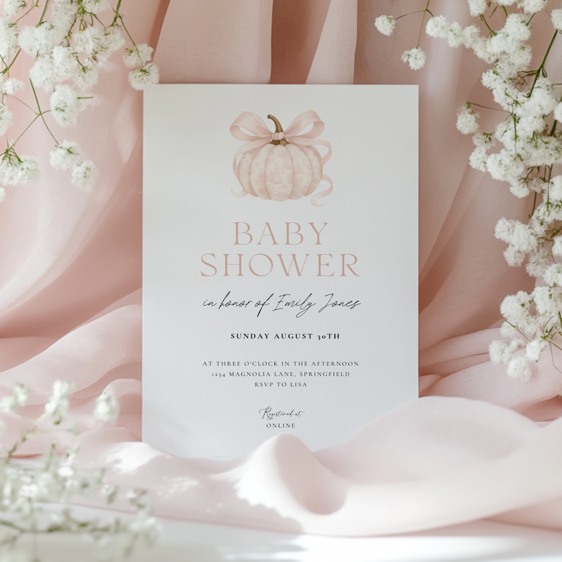 Baby Shower Invitation - Pink Pumpkin Elegant Toile de Jouy with Bow BS189