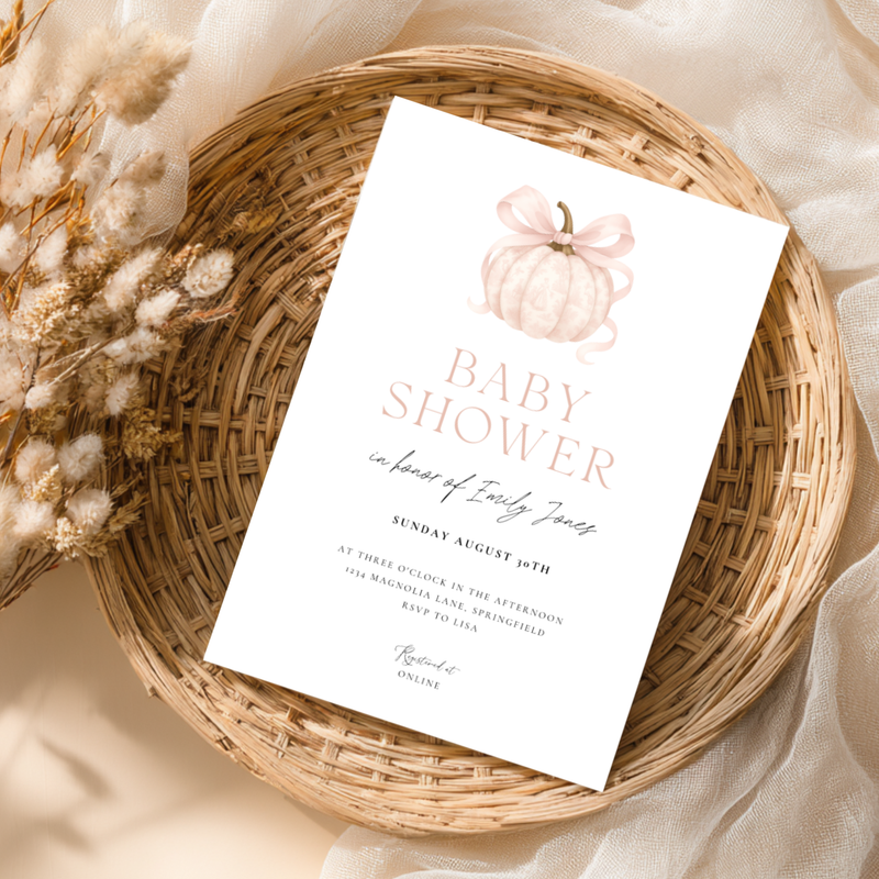 Baby Shower Invitation - Pink Pumpkin Elegant Toile de Jouy with Bow BS189
