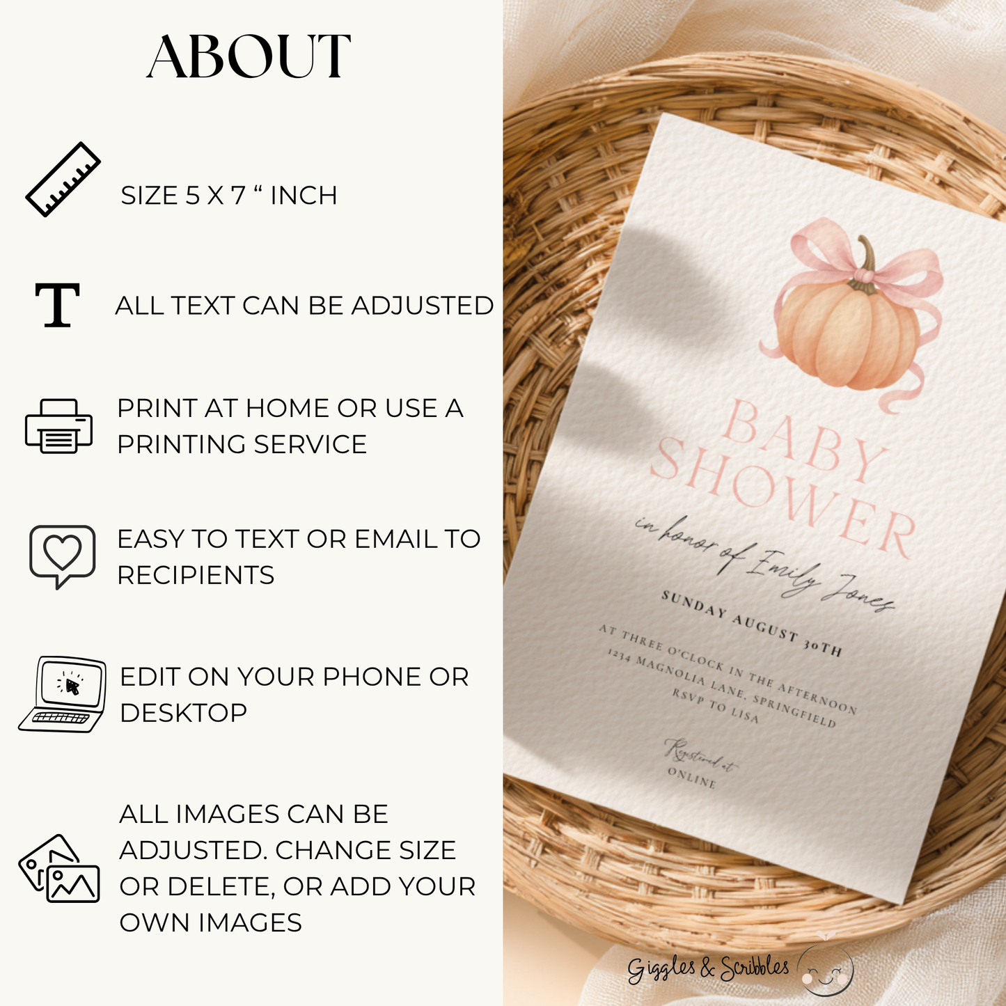 Baby Shower Invitation - Little Pumpkin with Bow BS189