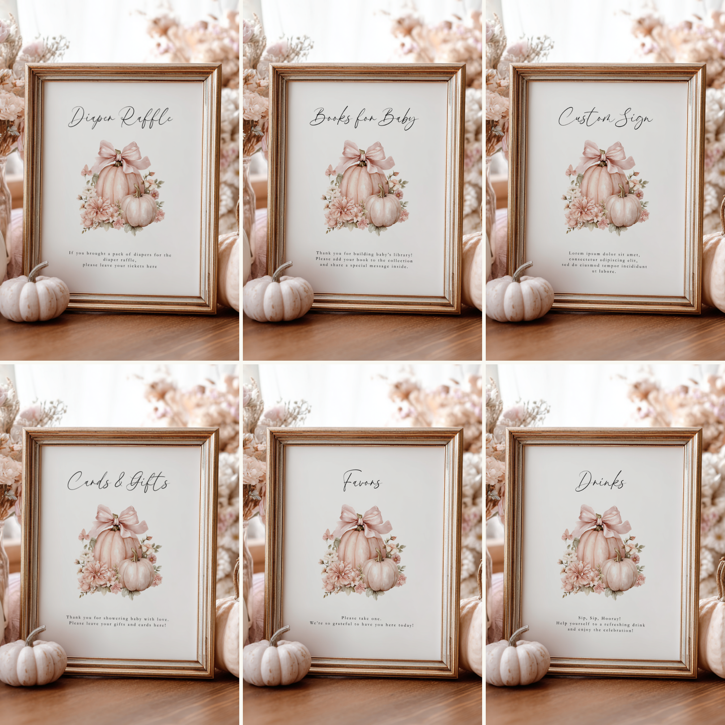 Baby Shower Table Sign Bundle - Pink Pumpkin Floral Coquette Bow BS233