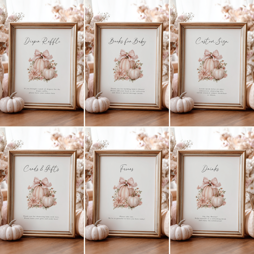 Baby Shower Table Sign Bundle - Pink Pumpkin Floral Coquette Bow BS233