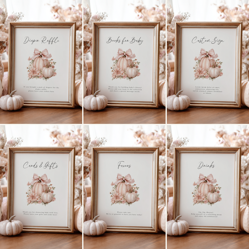 Baby Shower Table Sign Bundle - Pink Pumpkin Floral Coquette Bow BS233