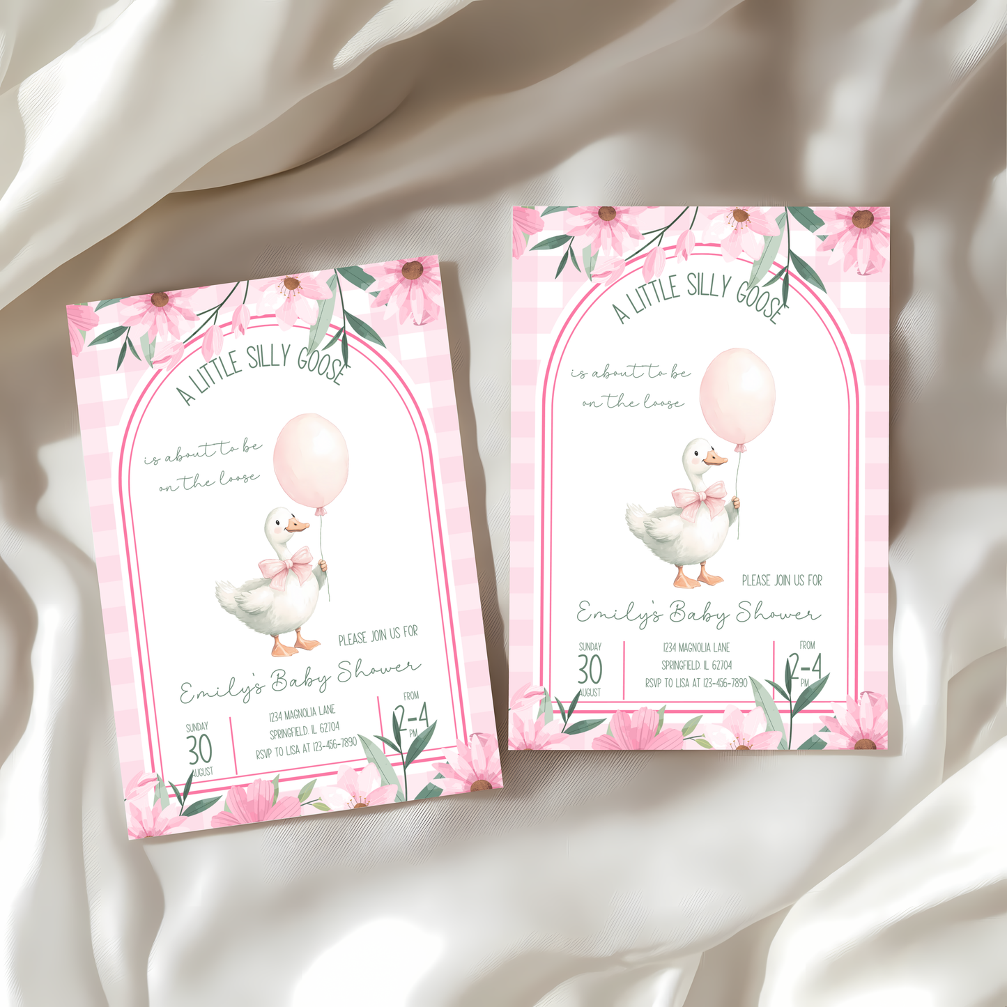 Baby Shower Invitation - Pink A Little Silly Goose Gingham with Flowers BS89