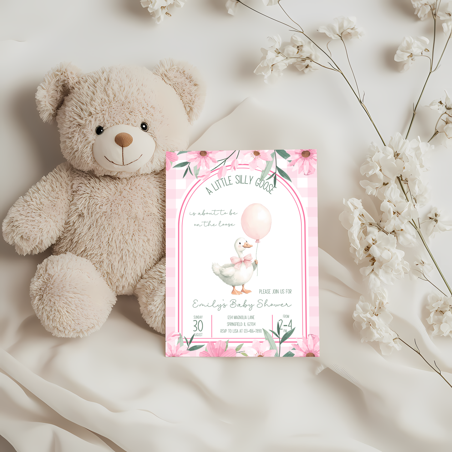 Baby Shower Invitation - Pink A Little Silly Goose Gingham with Flowers BS89