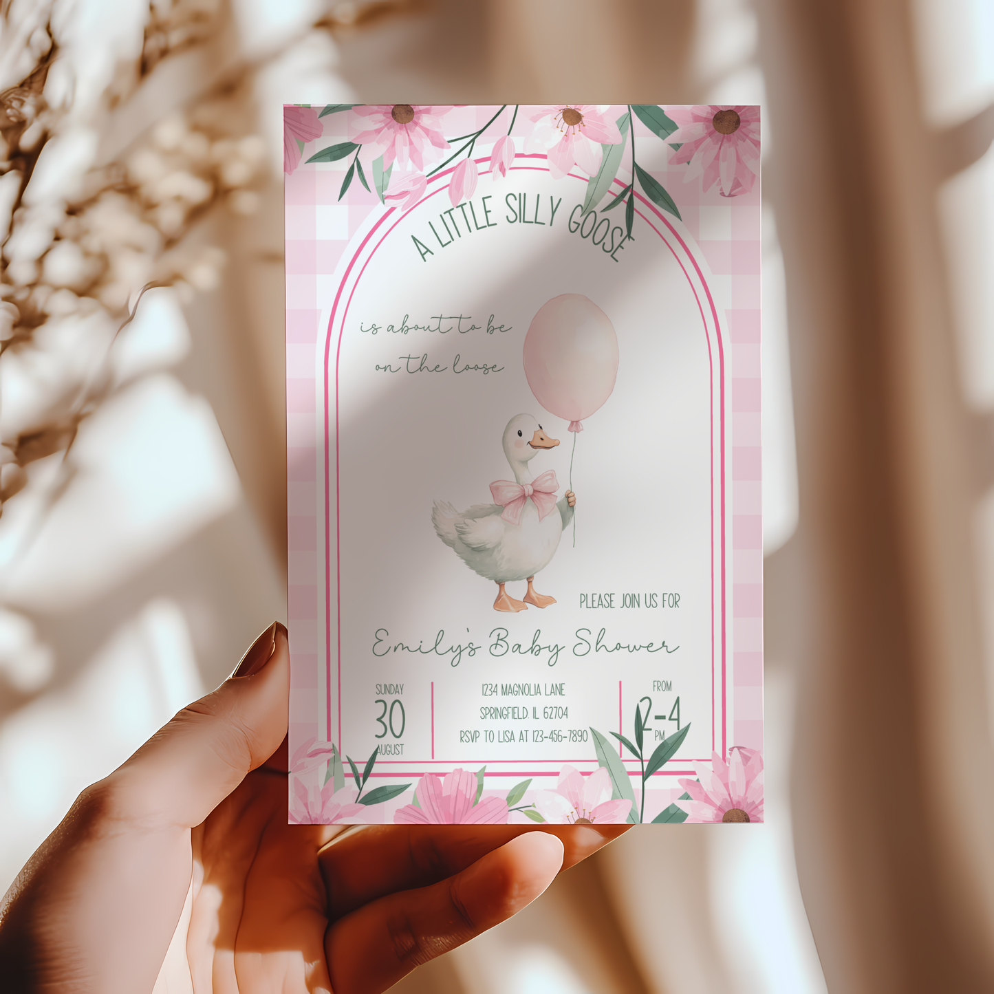 Baby Shower Invitation - Pink A Little Silly Goose Gingham with Flowers BS89