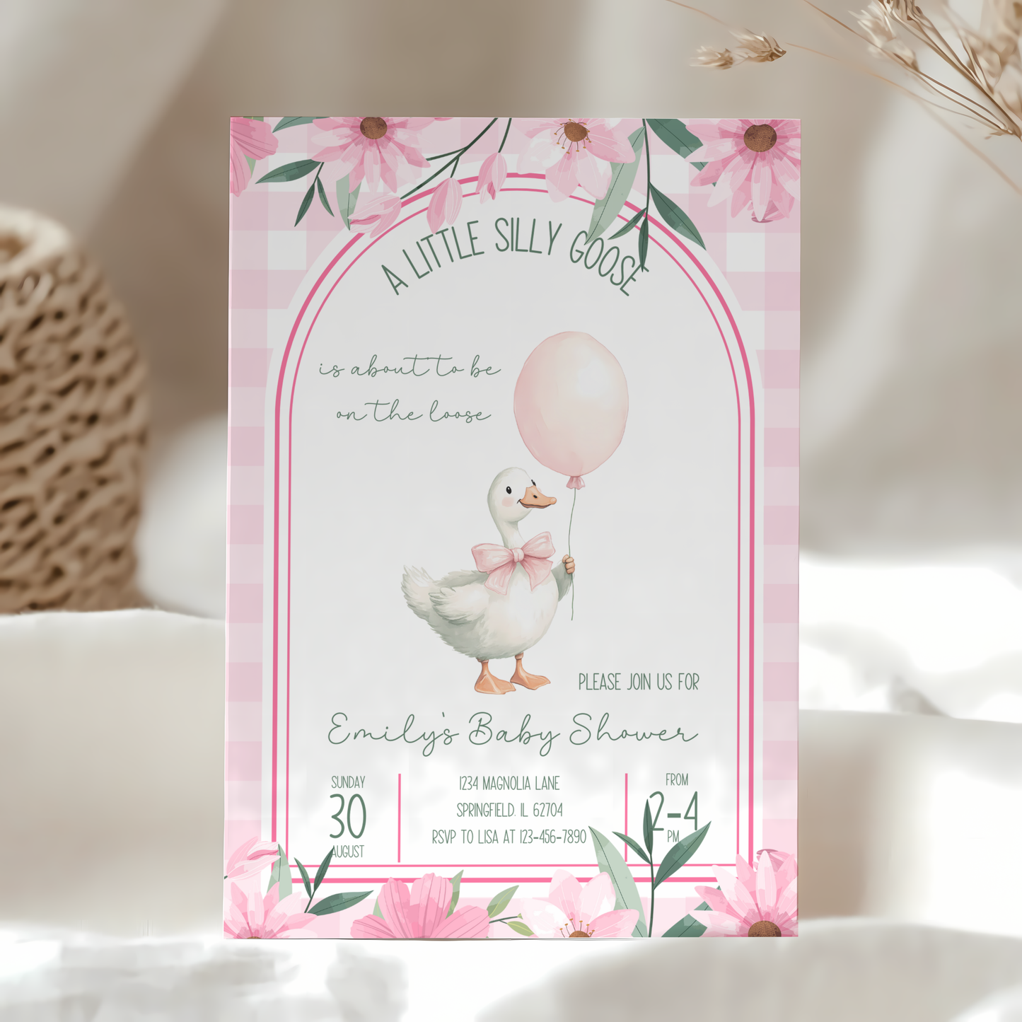 Baby Shower Invitation - Pink A Little Silly Goose Gingham with Flowers BS89