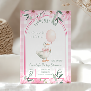 Baby Shower Invitation - Pink A Little Silly Goose Gingham with Flowers BS89