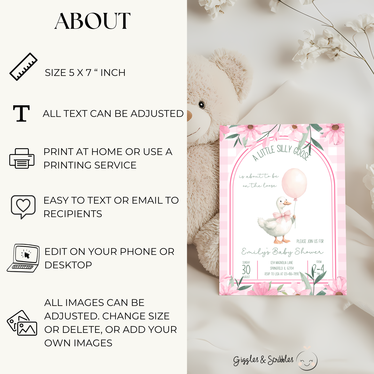 Baby Shower Invitation - Pink A Little Silly Goose Gingham with Flowers BS89