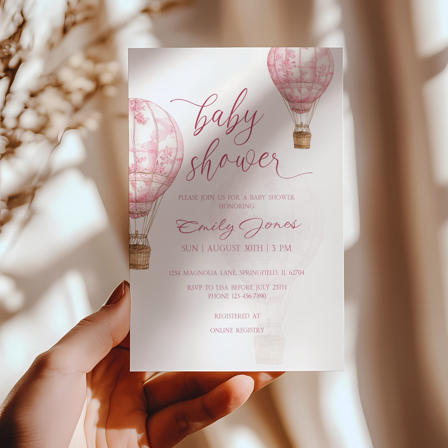 Baby Shower Invitation - Pink Toile de Jouy Hot Air Balloon Elegant BS120