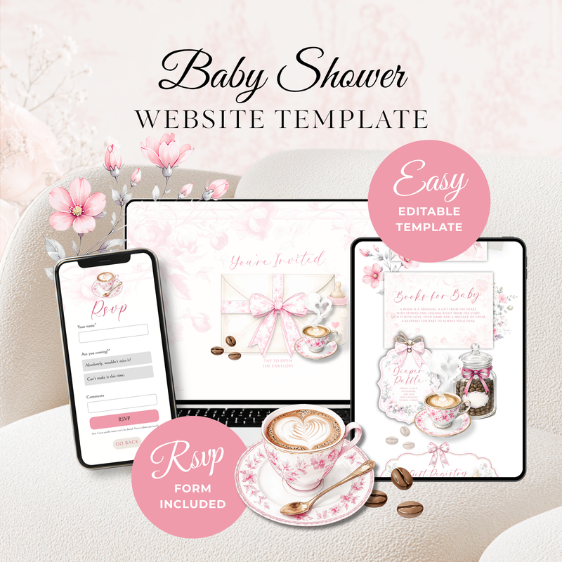Pink Toile Baby Is Brewing Baby Shower Website Template with RSVP BS62