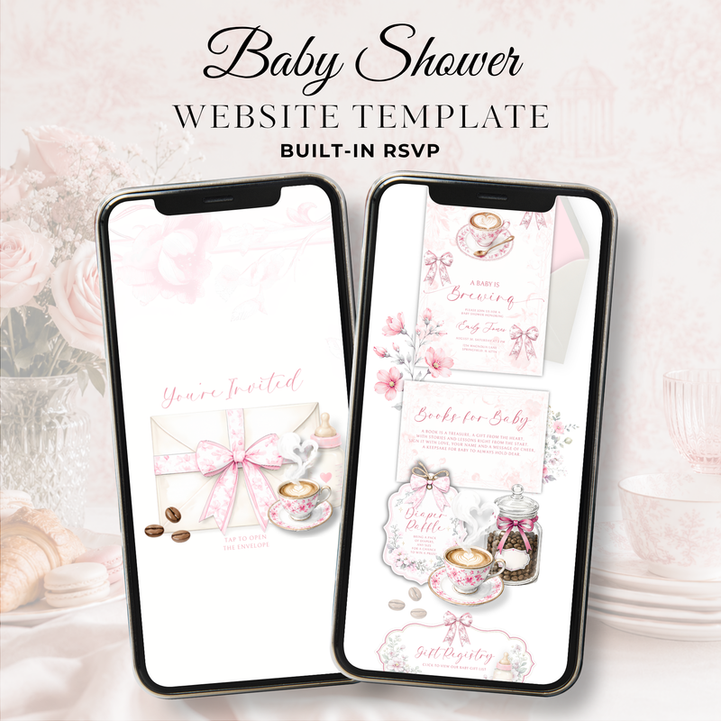Pink Toile Baby Is Brewing Baby Shower Website Template with RSVP BS62