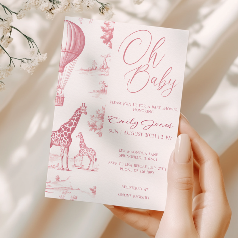 Baby Shower Invitation - Pink Toile de Jouy Safari Elegant Hot Air Balloon BS121