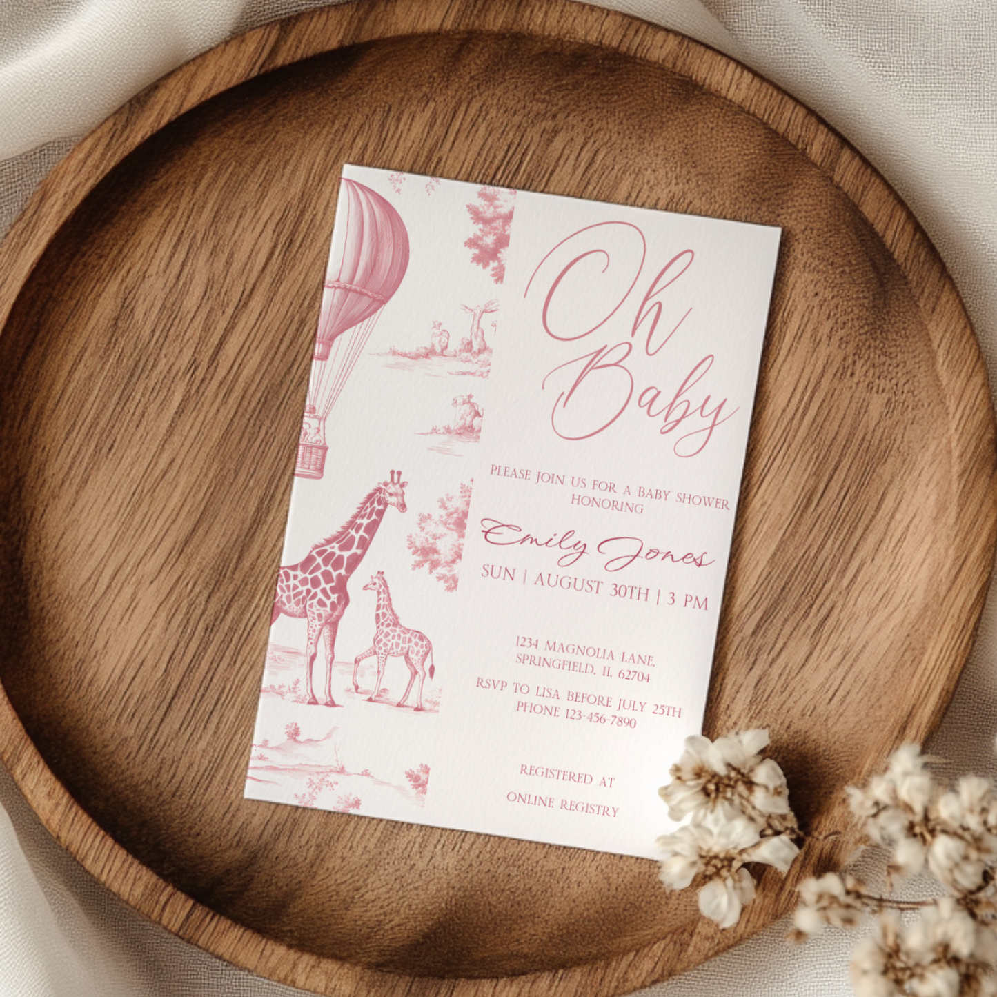 Baby Shower Invitation - Pink Toile de Jouy Safari Elegant Hot Air Balloon BS121