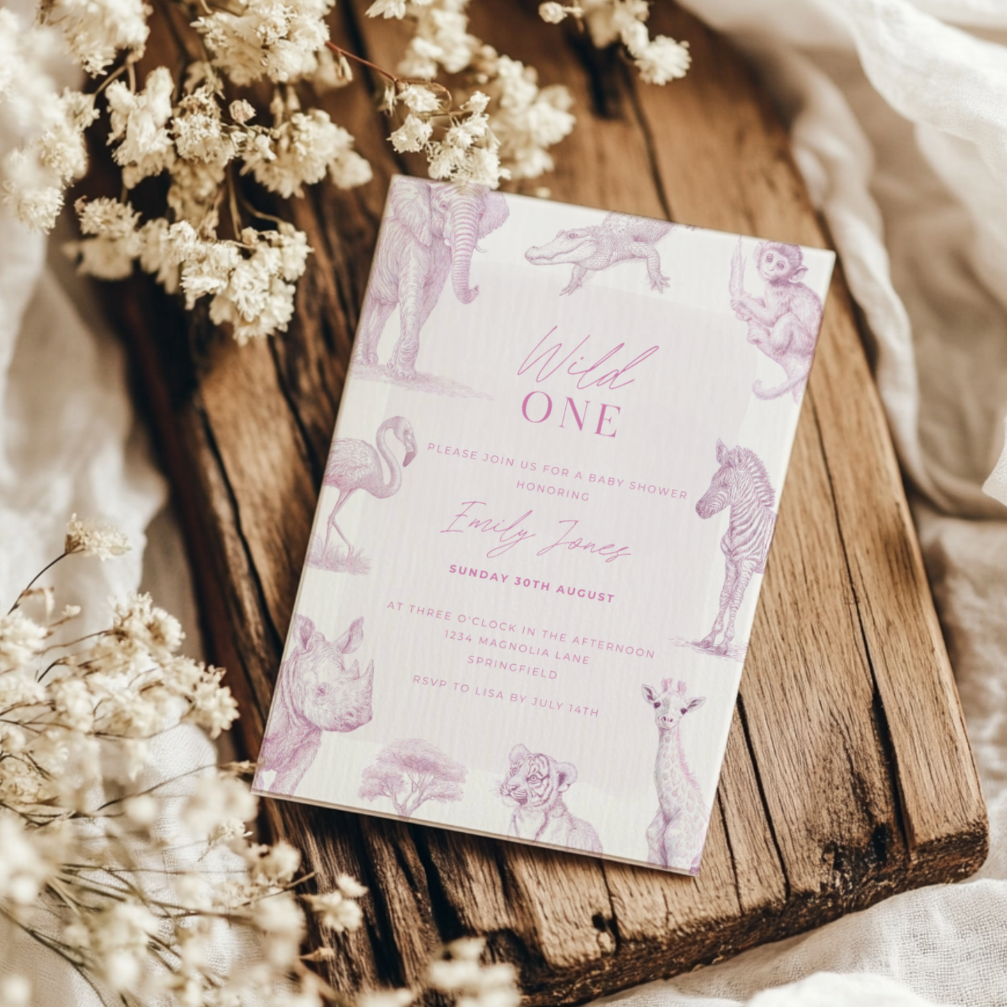 Baby Shower Invitation - Pink Safari Toile de Jouy with Animals Zebra Rhino Giraffe Elephant BS186