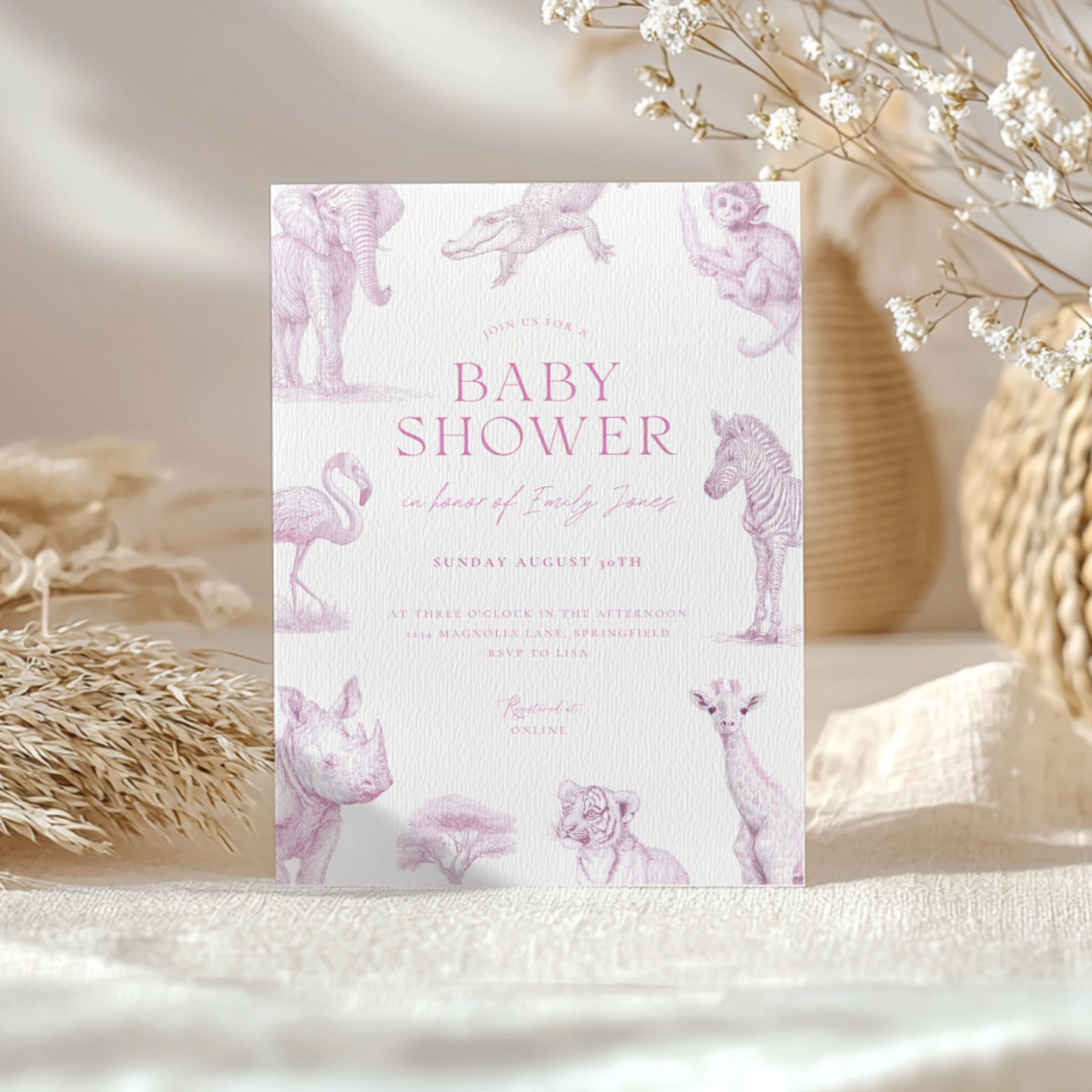 Baby Shower Invitation - Pink Safari Toile de Jouy with Animals Zebra Rhino Giraffe Elephant BS186