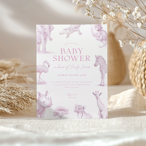 Baby Shower Invitation - Pink Safari Toile de Jouy with Animals Zebra Rhino Giraffe Elephant BS186