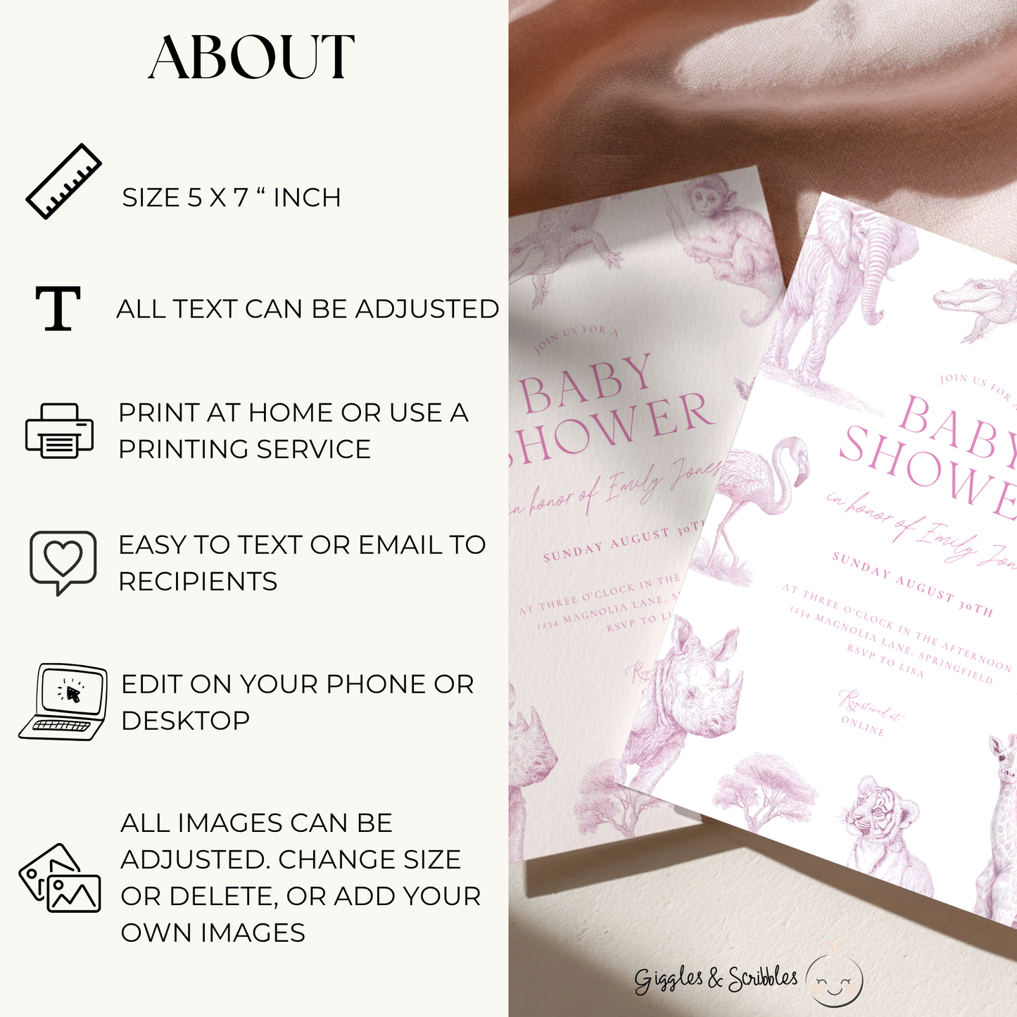 Baby Shower Invitation - Pink Safari Toile de Jouy with Animals Zebra Rhino Giraffe Elephant BS186