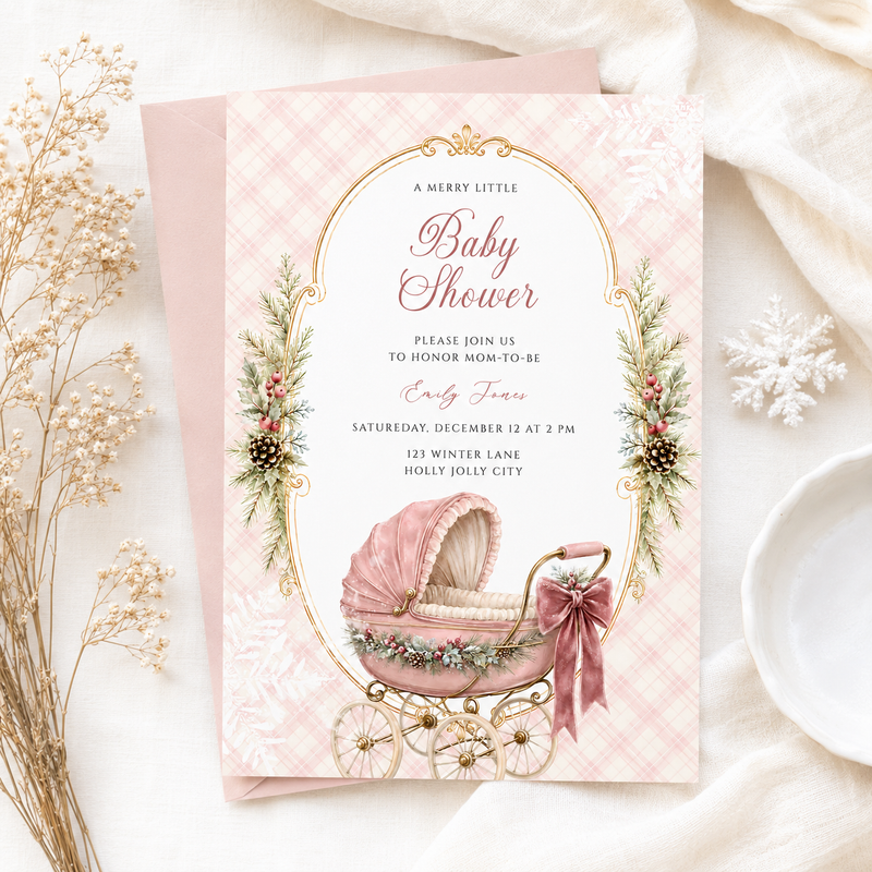 Pink Winter Merry Little Baby Shower Invitation – Baby It’s Cold Outside BS326