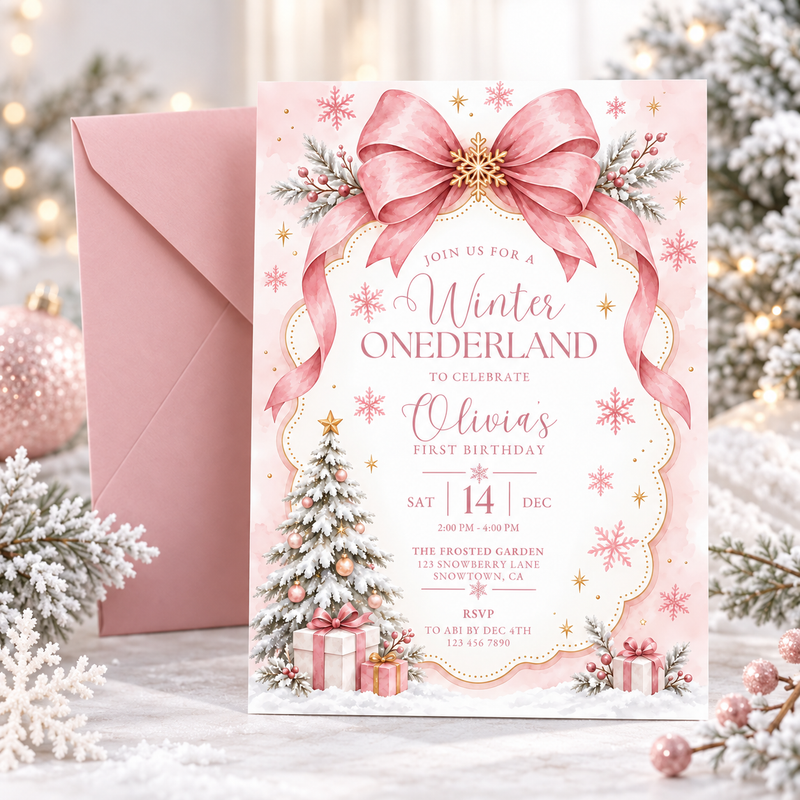 Pink Winter ONEderland First Birthday Invitation L186