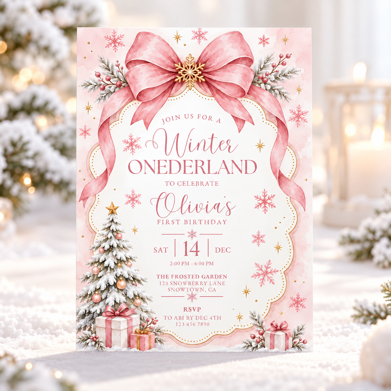 Pink Winter ONEderland First Birthday Invitation L186