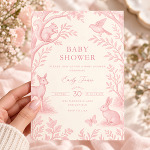 Pink Woodland Toile Baby Shower Invitation BS255
