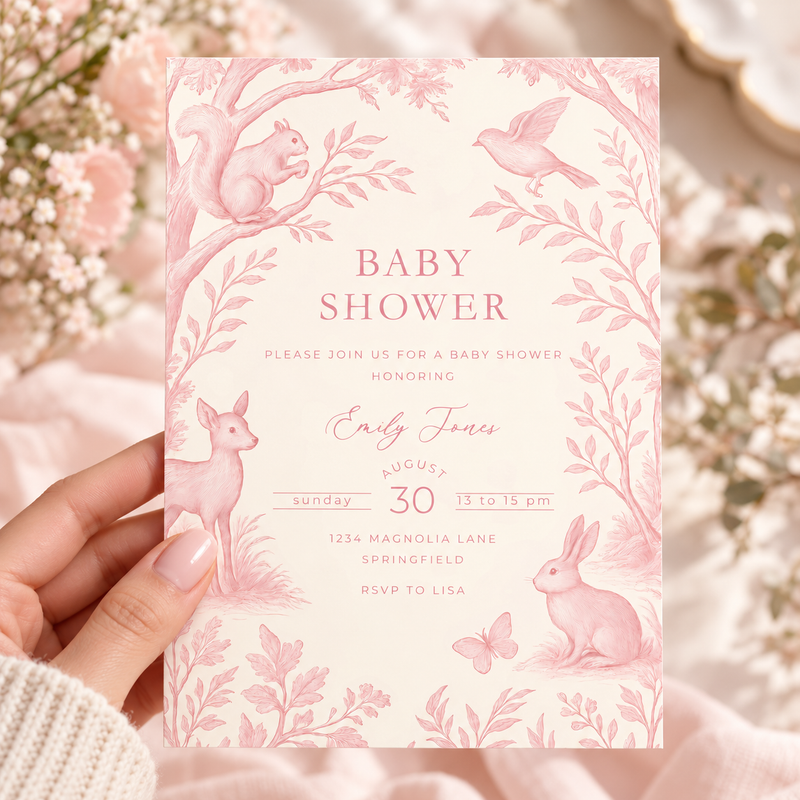Pink Woodland Toile Baby Shower Invitation BS255