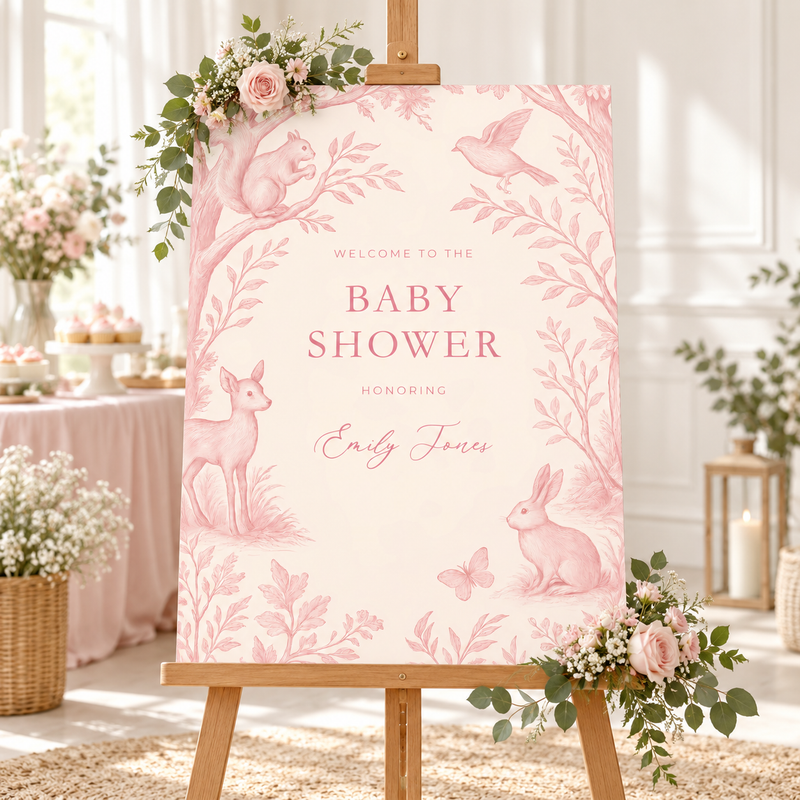 Pink Woodland Toile Baby Shower Welcome Sign BS255