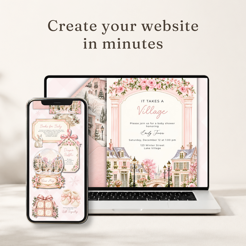 Pink It Takes a Village Baby Shower Website Invitation with RSVP L168