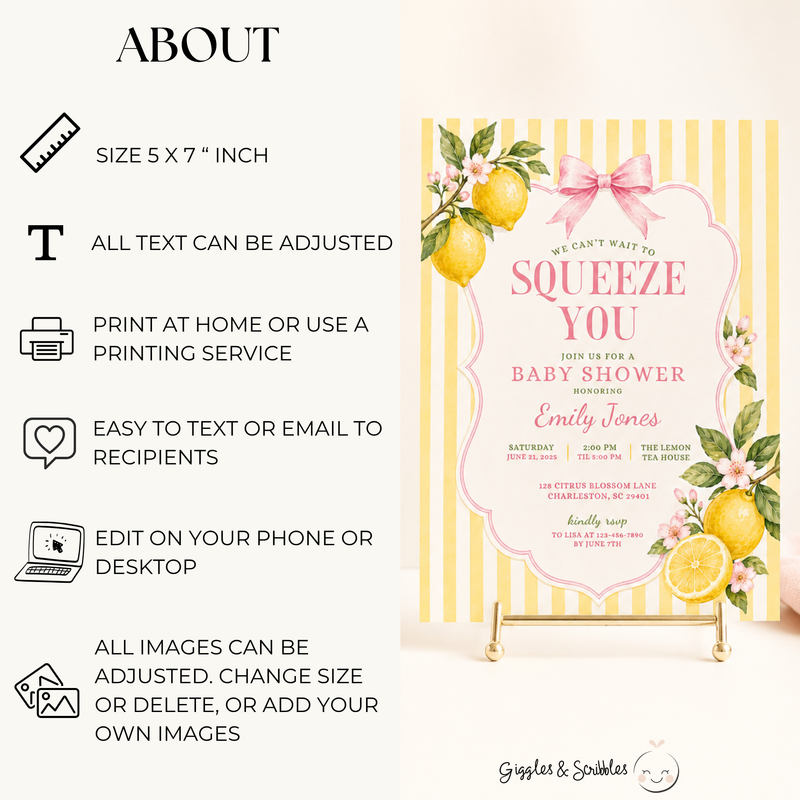 Pink Lemon Baby Shower Invitation - We Can't Wait To Squeeze You BS314