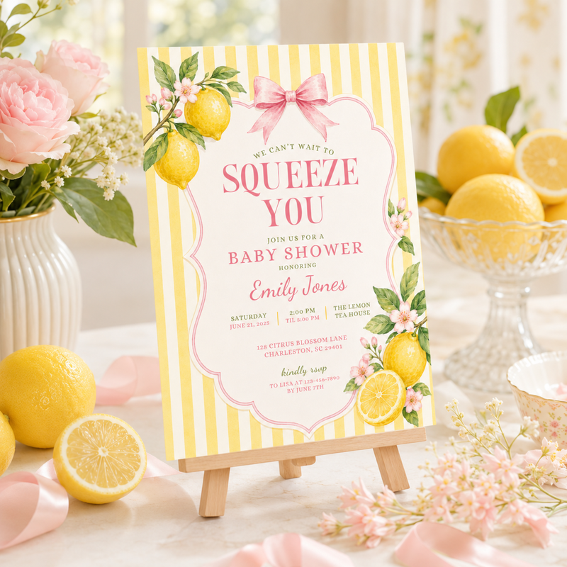 Pink Lemon Baby Shower Invitation - We Can't Wait To Squeeze You BS314