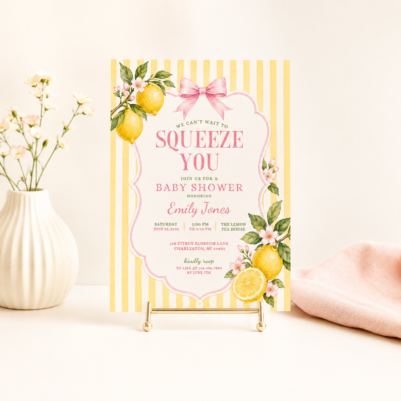 Pink Lemon Baby Shower Invitation - We Can't Wait To Squeeze You BS314