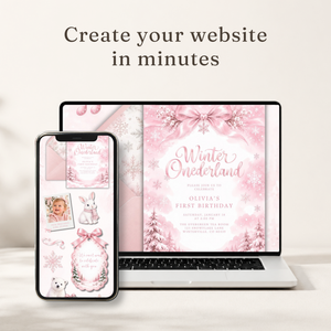 Pink Winter Onederland First Birthday Website Invitation with RSVP L185