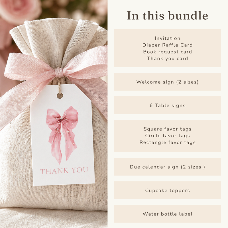 Pink Bow Baby Shower Templates Bundle BS164