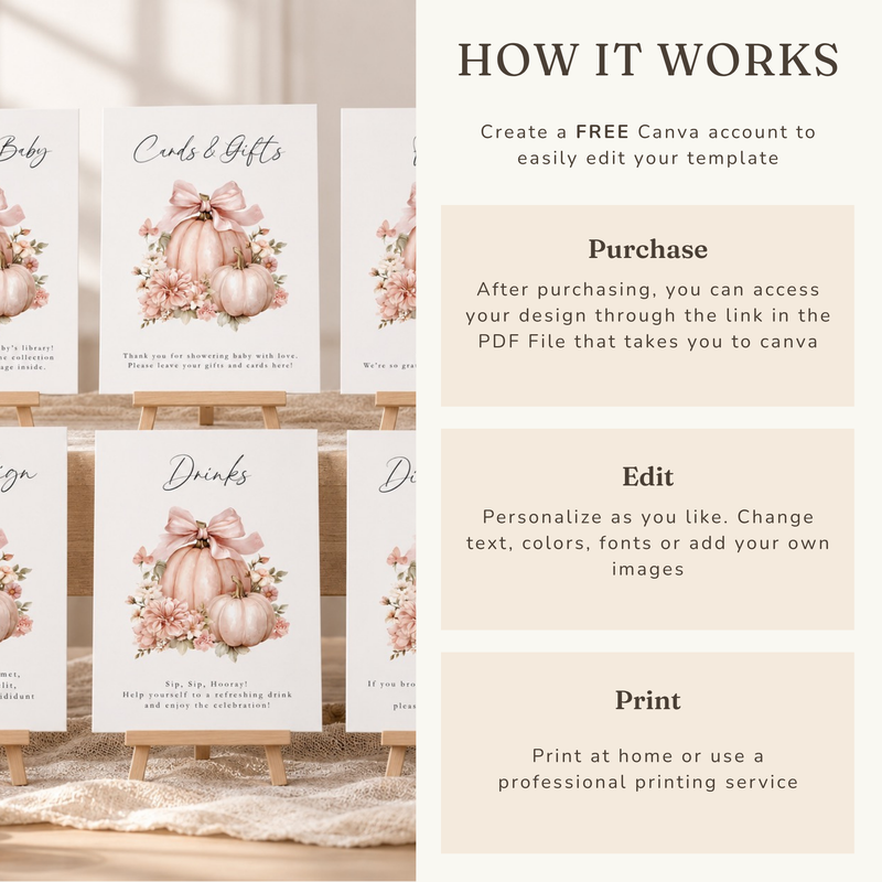 Pink Pumpkin Baby Shower Table Sign Bundle BS233