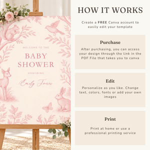 Pink Woodland Toile Baby Shower Welcome Sign BS255