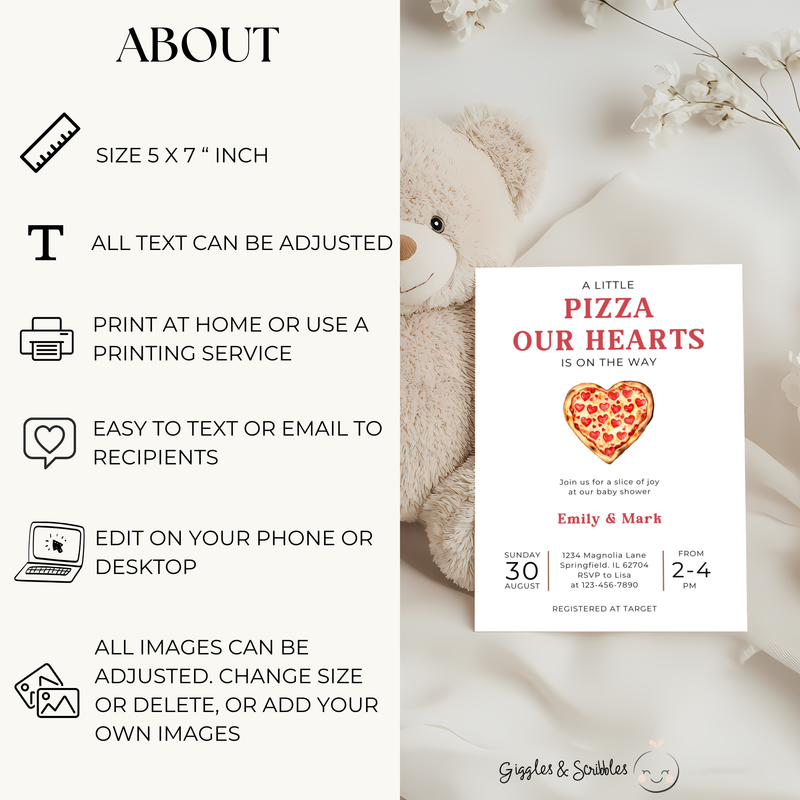 Baby Shower Invitation - A Little Pizza Our Hearts Pizza Theme BS95