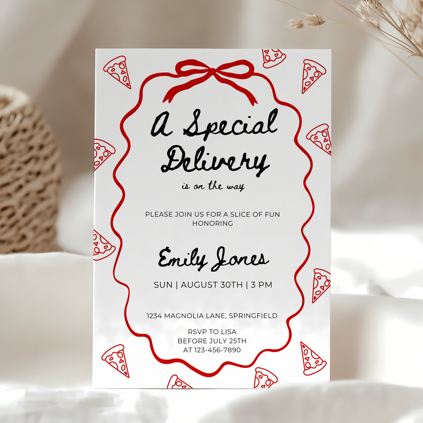 Baby Shower Invitation - Special Delivery Pizza and Pacifiers BS137