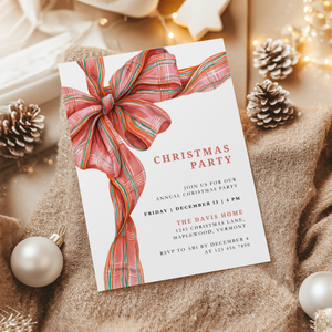 Editable Christmas Plaid Bow Christmas Party Invitation L56