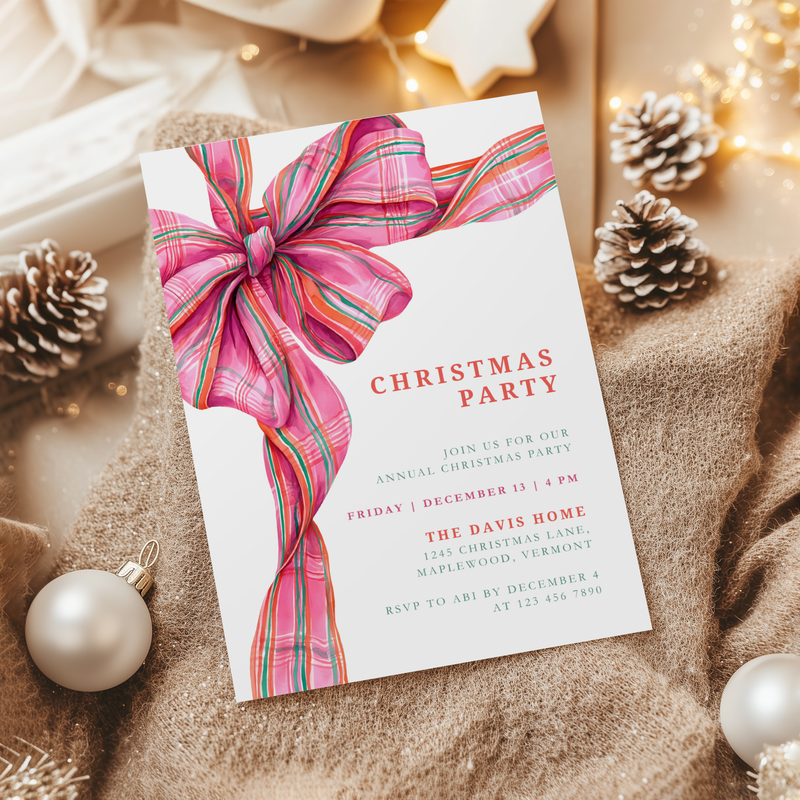 Pink Christmas Plaid Bow Christmas Party Invitation L56