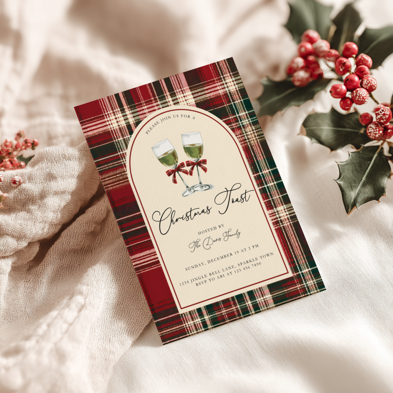 Toast To Christmas Party Invitation Classic Plaid L68