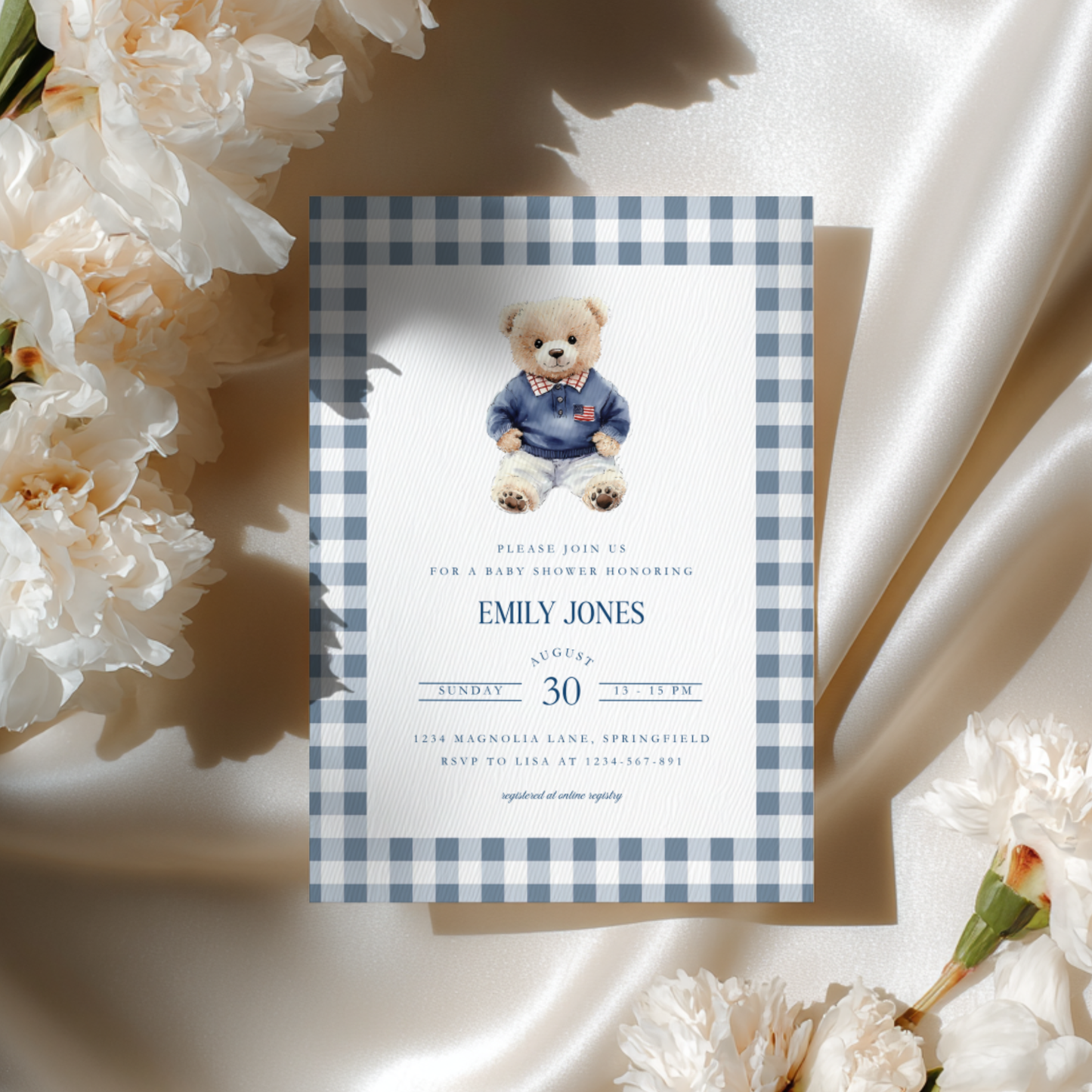 Baby Shower Invitation - Polo Bear Plaid Template in Vintage Ralph Lauren Style BS220