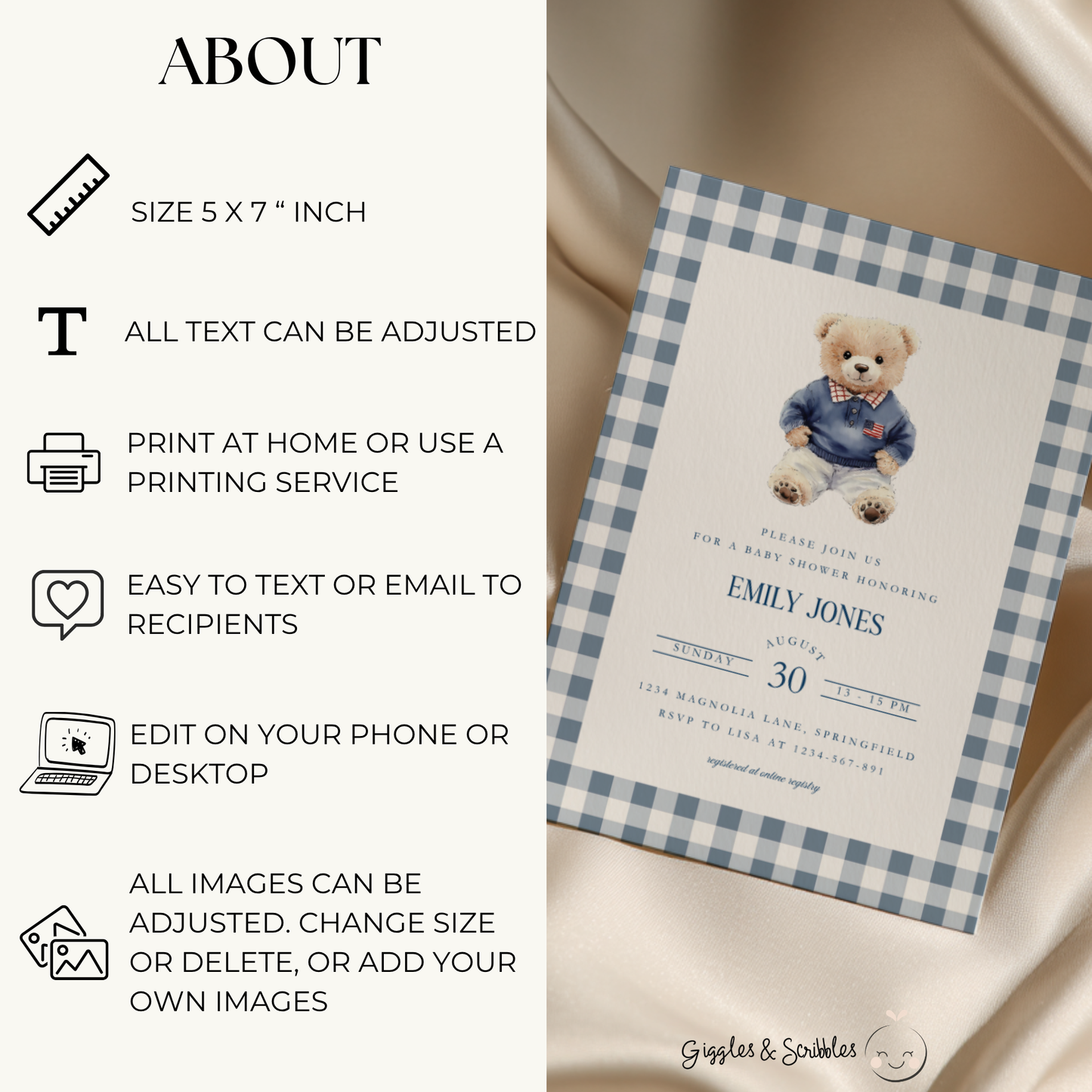Baby Shower Invitation - Polo Bear Plaid Template in Vintage Ralph Lauren Style BS220